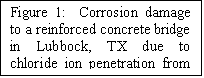 Text Box: Figure 1:  Corrosion damage to a reinforced concrete bridge in Lubbock, TX due to chloride ion penetration from deicing salts.
